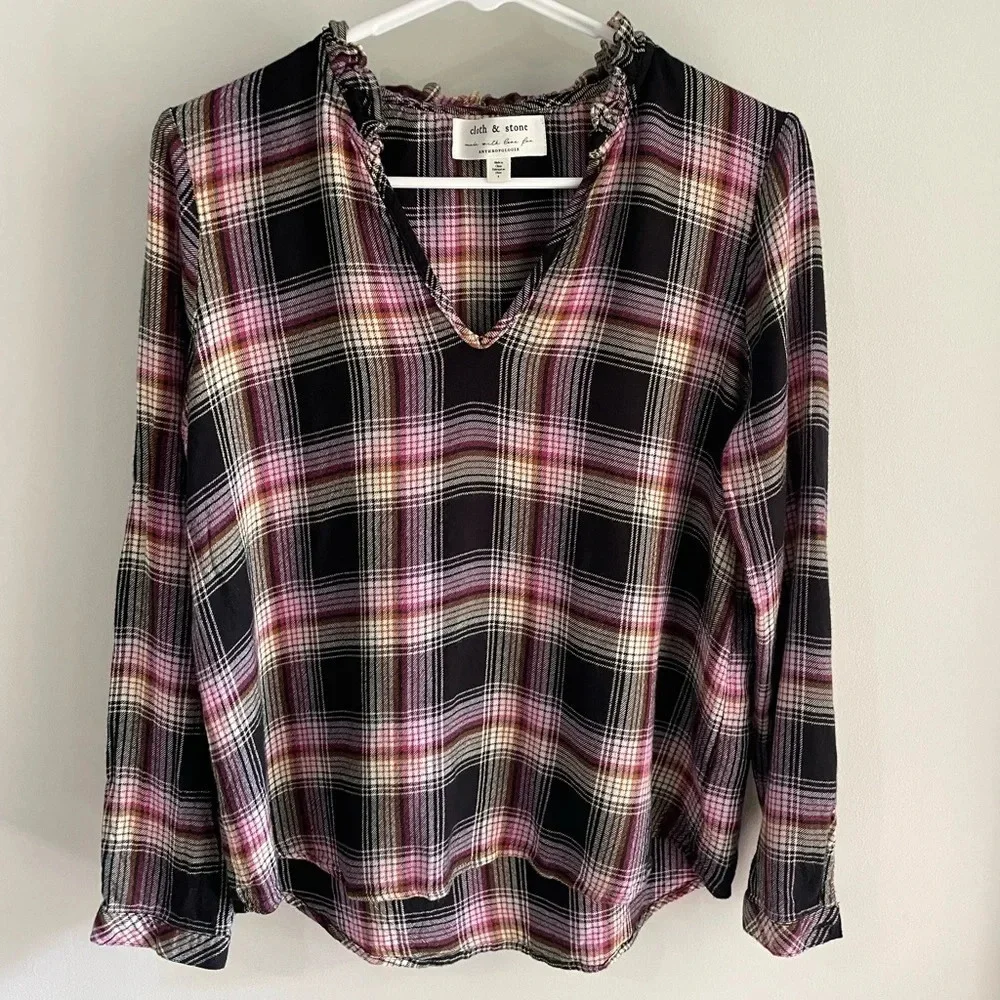 Cloth & Stone by Anthropologie Charlie Plaid Ruffle Neck Flannel Top - Small